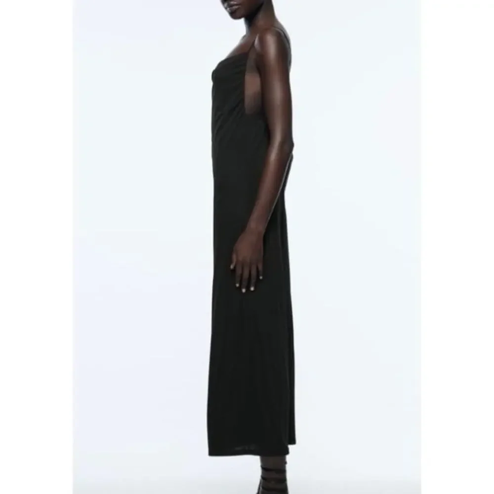 ZARA Classic Black Satin Midi Slip Dress Size M